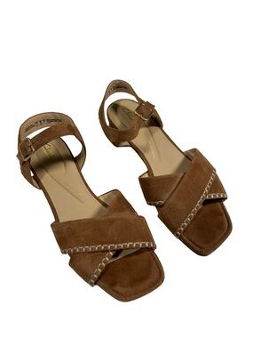 Clarks Serina35 Cross Suede Block Heel Sandals Tan Comfort Cushion Womens 9.5 M